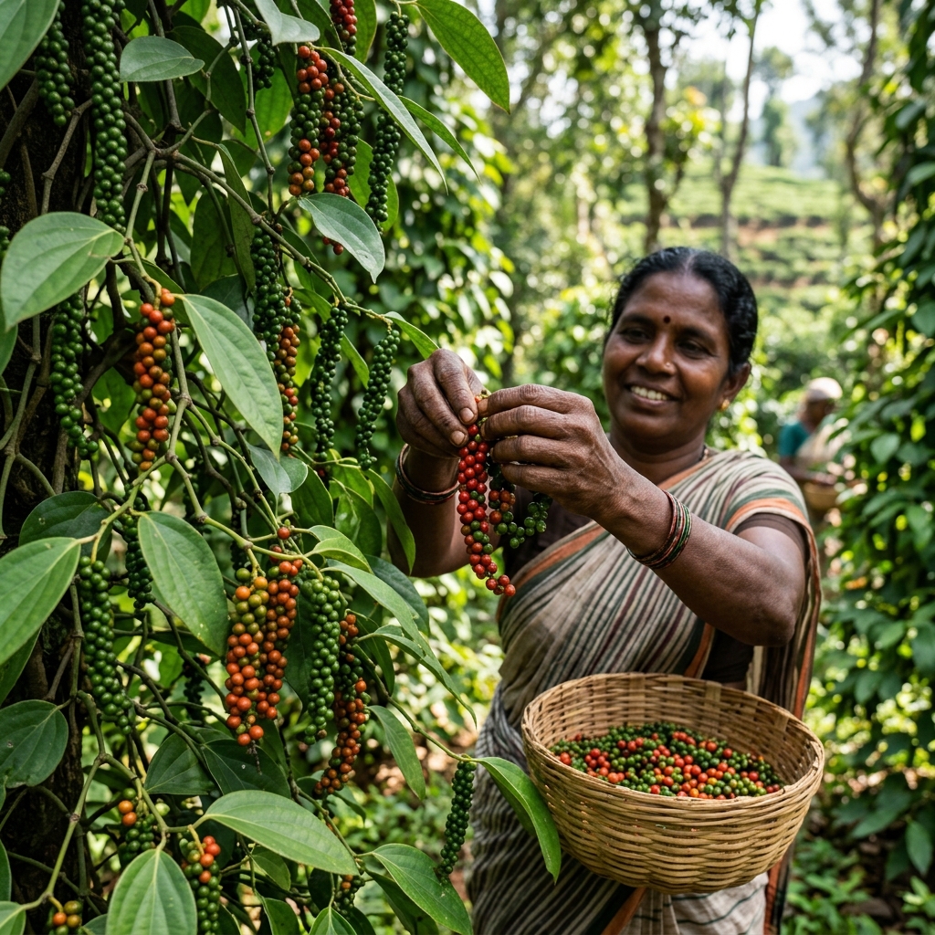 Harvesting Black Pepper in Western Ghats